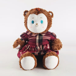 Brown Monkey Plush in Pleated Checkered Dress - Vintage Style