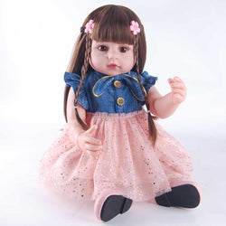 22" Reborn Doll with Brown Eyes – Pink Tulle Dress, Denim Jacket & Pink Bow Shoes