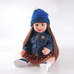 22" Reborn Girl Doll - Stylish Polka Dot Dress, Blue Beanie & Denim Jacket Outfit