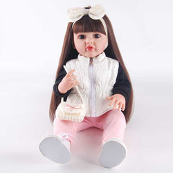 22" Reborn Doll with Brown Eyes - Black Sweater & Pink Pants Outfit, Star Headband & White Knit Purse
