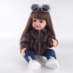 20" Reborn Doll – Brown Eyes, Stylish Brown Leather Jacket & Blue Jeans, White Sneakers