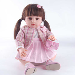 20" Cute Reborn Doll – Pink Ruffled Skirt, Chic Jacket, Glittery Handbag & Floral Clip