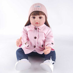 22" Reborn Doll - Pink Wool Coat & Denim Outfit Set with Knit Beanie (3-Piece Casual Style)