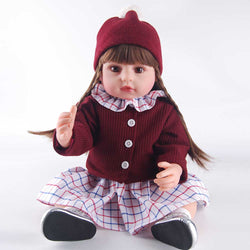 22" Fashion Reborn Doll - Brown Eyes, Wine Red Knit Set with Lace Collar Dress & Silver Shoes