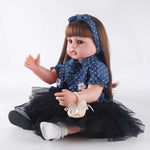 22" Adorable Reborn Doll - Dressed in Blue Polka Dots & Black Tutu with Matching Bow & Pearl-Embellished Handbag