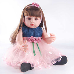 22" Reborn Baby Doll - Denim & Tulle Dress with Flower Belt, Pink Headband & Brown Eyes