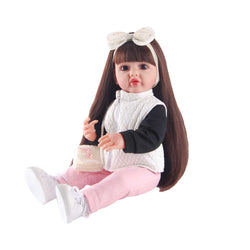 22" Reborn Doll with Brown Eyes - Black Sweater & Pink Pants Outfit, Star Headband & White Knit Purse