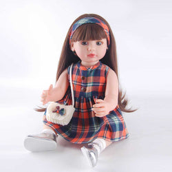Chic 22 Inch Reborn Baby Doll - Retro Houndstooth Outfit, White Knit Bag & Plaid Headband (Gray Eyes)