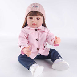 22" Reborn Doll - Pink Wool Coat & Denim Outfit Set with Knit Beanie (3-Piece Casual Style)