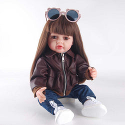 20" Reborn Doll – Brown Eyes, Stylish Brown Leather Jacket & Blue Jeans, White Sneakers