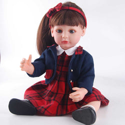 Adorable 22" Reborn Doll - Gray Eyes, Tilted Braid with Bow & Classic Plaid Dress Ensemble