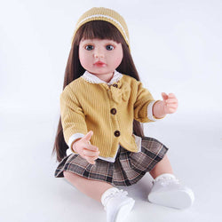 22" Winter Chic Reborn Baby - Cozy Yellow Sweater, Plaid Skirt & Matching Hat (Gray Glass Eyes)