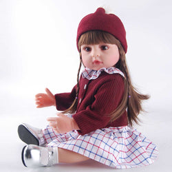 22" Fashion Reborn Doll - Brown Eyes, Wine Red Knit Set with Lace Collar Dress & Silver Shoes