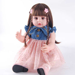 22" Reborn Doll with Brown Eyes – Pink Tulle Dress, Denim Jacket & Pink Bow Shoes