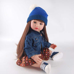 22" Reborn Girl Doll - Stylish Polka Dot Dress, Blue Beanie & Denim Jacket Outfit