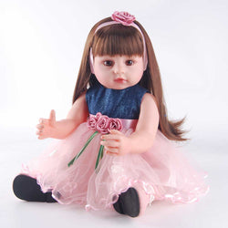 22" Reborn Baby Doll - Denim & Tulle Dress with Flower Belt, Pink Headband & Brown Eyes