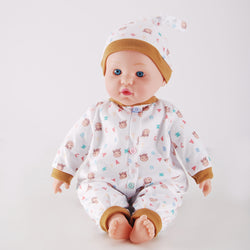 WeFriends 16 inch baby doll in patchwork letter print romper and matching hat - front view