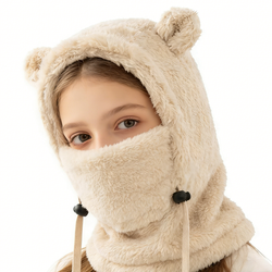 Custom Plush Bear Ear Balaclava Hood Manufacturer OEM Kids Winter Headwear with Adjustable Drawstring & Full Face Cover for Snow Outdoor Activities Bulk Orders