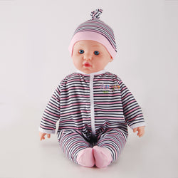 Meimeigirls 16-inch baby doll side view wearing striped romper
