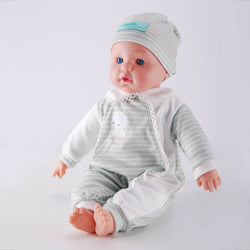 Meimeigirls 16-inch baby doll side view wearing light blue striped romper with lace trim