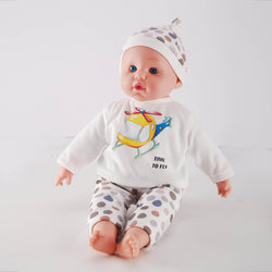 Meimeigirls 16-inch baby doll side view wearing white shirt and polka dot pants