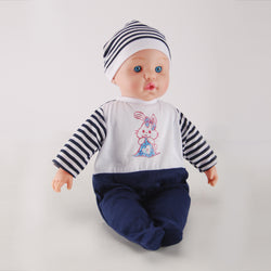 Meimeigirls 16-inch baby doll side view in striped romper with blue pants