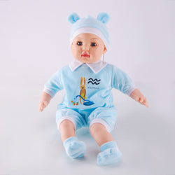WeFriends 16 inch baby doll in blue romper with animal prints and bear ears hat - front view