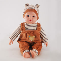 WeFriends 16 inch baby doll in striped shirt and brown bear overalls set - front view