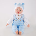WeFriends 16 inch baby doll in blue bear overalls set with matching hat - front view