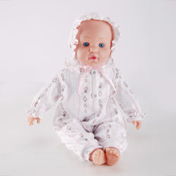 WeFriends 16 inch baby doll in floral romper with lace bonnet - front view