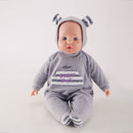 WeFriends 16 inch baby doll in gray hooded romper with blue glass eyes - front view