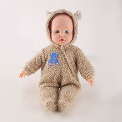 WeFriends 16 inch baby doll in khaki sherpa romper with bear pattern - front view