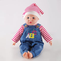 MeiMeiGirls 16 inch Baby Doll with blue glass eyes, red striped T-shirt and denim overalls – front view