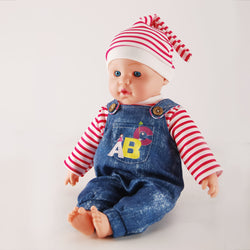 MeiMeiGirls 16 inch Baby Doll with denim overalls and striped hat – side view