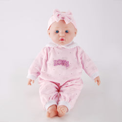 WeFriends 16 inch baby doll with blue glass eyes wearing pink candy print romper with LOVE letters - front view

