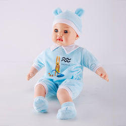Side view of WeFriends baby doll showing blue romper and bear hat details