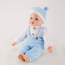 Side view showing doll's bear overalls and hat details