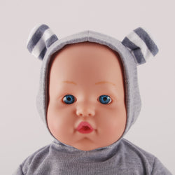 Close-up of glass-like blue eyes and sweet expression