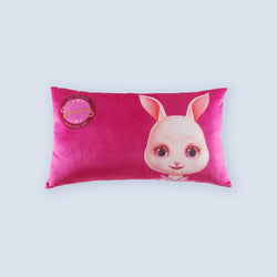 WeFriends Snowy Rabbit red rectangular cushion front view with cute bunny portrait