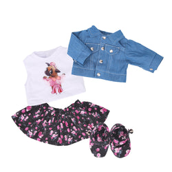 Jean coat white T-shirt and flower skirt - 15" girl doll cloth - 15Y031F