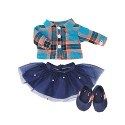 Blue plaid shirt blue skirt with white pearl and blue shoes - 15" girl doll cloth - 15Y032F