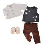 Winter outfits grey coat white T-shirt with white stars brown trousers and golden bling shoes - 15" girl doll outfits - 15Y051F