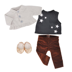 Winter outfits grey coat white T-shirt with white stars brown trousers and golden bling shoes - 15" girl doll outfits - 15Y051F