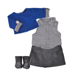 Royal blue coat, black leather skirt, white & black plaid shirt and blue leather boots  -15" girl doll cloth - 15Y061F