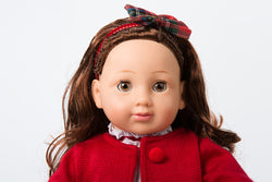 MEIMEI 18 Inch Fashion Girl Doll 18F03 Red Sweater Plaid Skirt Long Curly Brown Hair Brown Eyes Pack In Color Window Gift Box For Children Girls