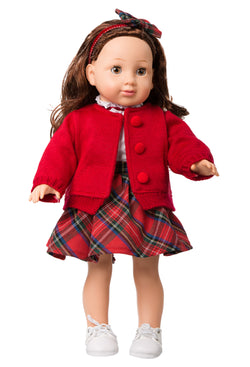 MEIMEI 18 Inch Fashion Girl Doll 18F03 Red Sweater Plaid Skirt Long Curly Brown Hair Brown Eyes Pack In Color Window Gift Box For Children Girls